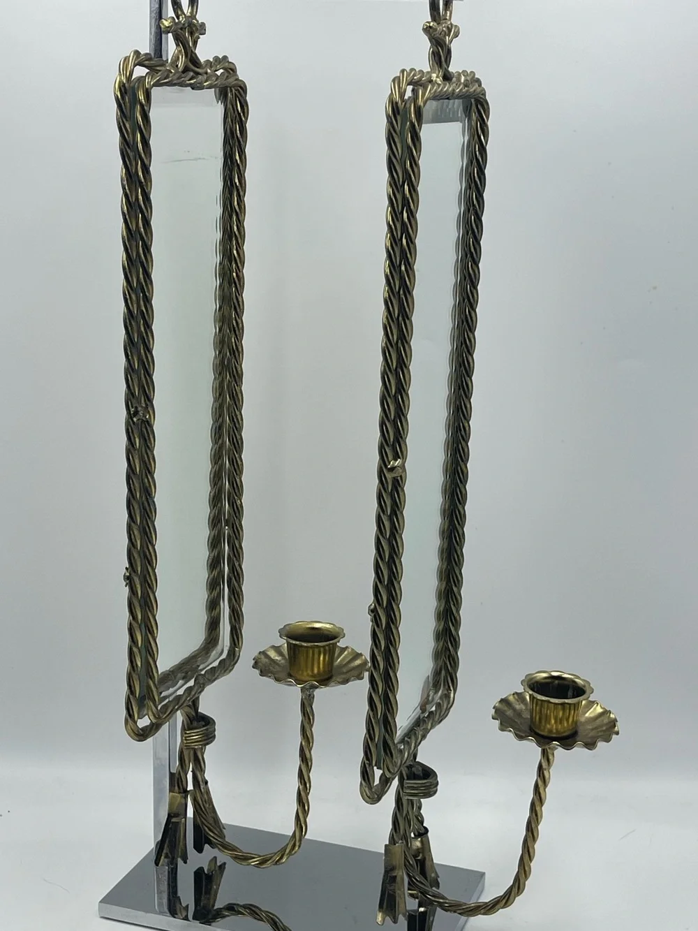 2 Mid Century Hollywood Regency Brass Rope & Tassel Mirrored Candle Wall Sconces